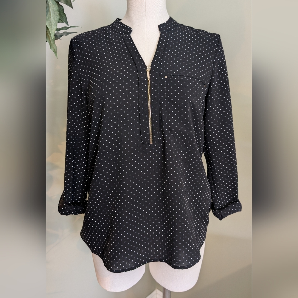Philosophy Woman's Blouse Dark Blue Polka Dot Flowing Chic Stylish Size Small